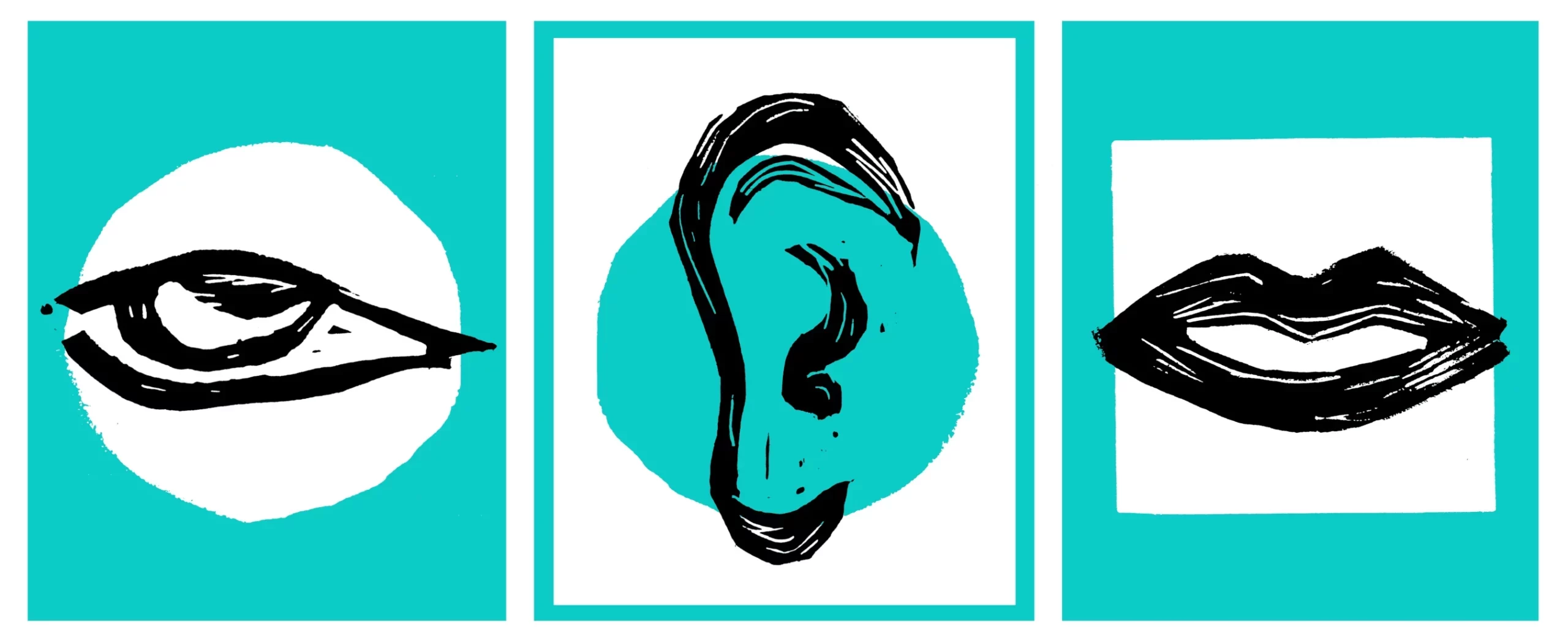 An illustration of an eye, ear and mouth, inviting you to see, hear and speak, a contact with Between Worlds - creative therapies and coaching.