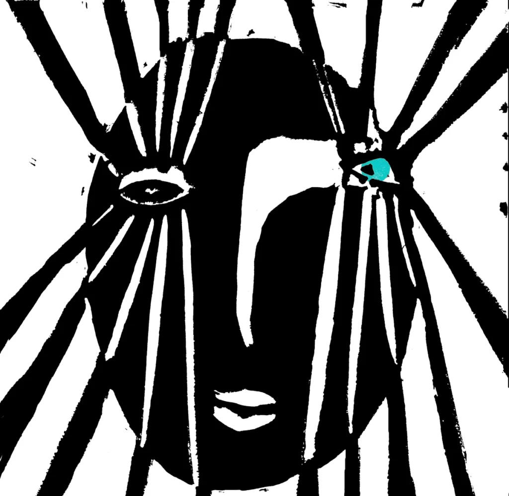 An illustration portraying a face or mask with beams of light shining from the eyes, symbolising the many roles one plays.