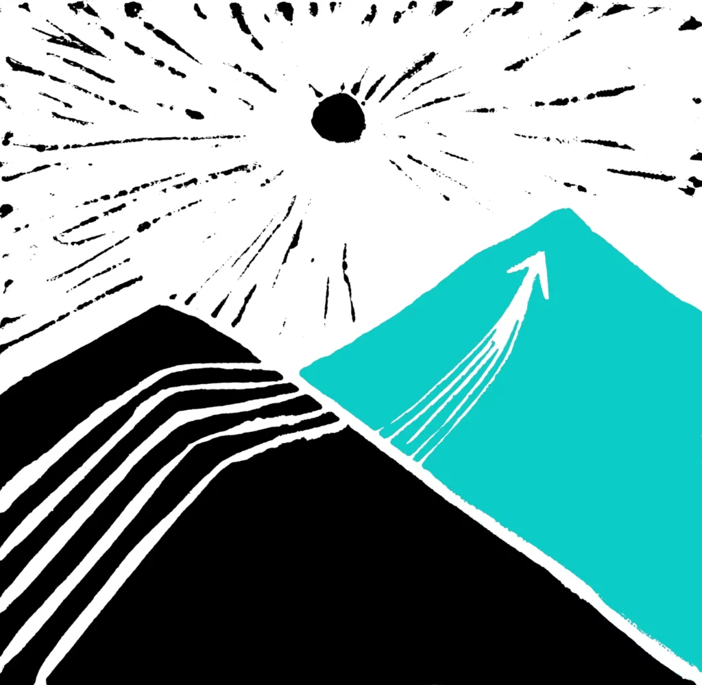 A road shaped like an arrow stretches between two mountains, leading to the summit of the higher one, symbolising focused determination in achieving goals.