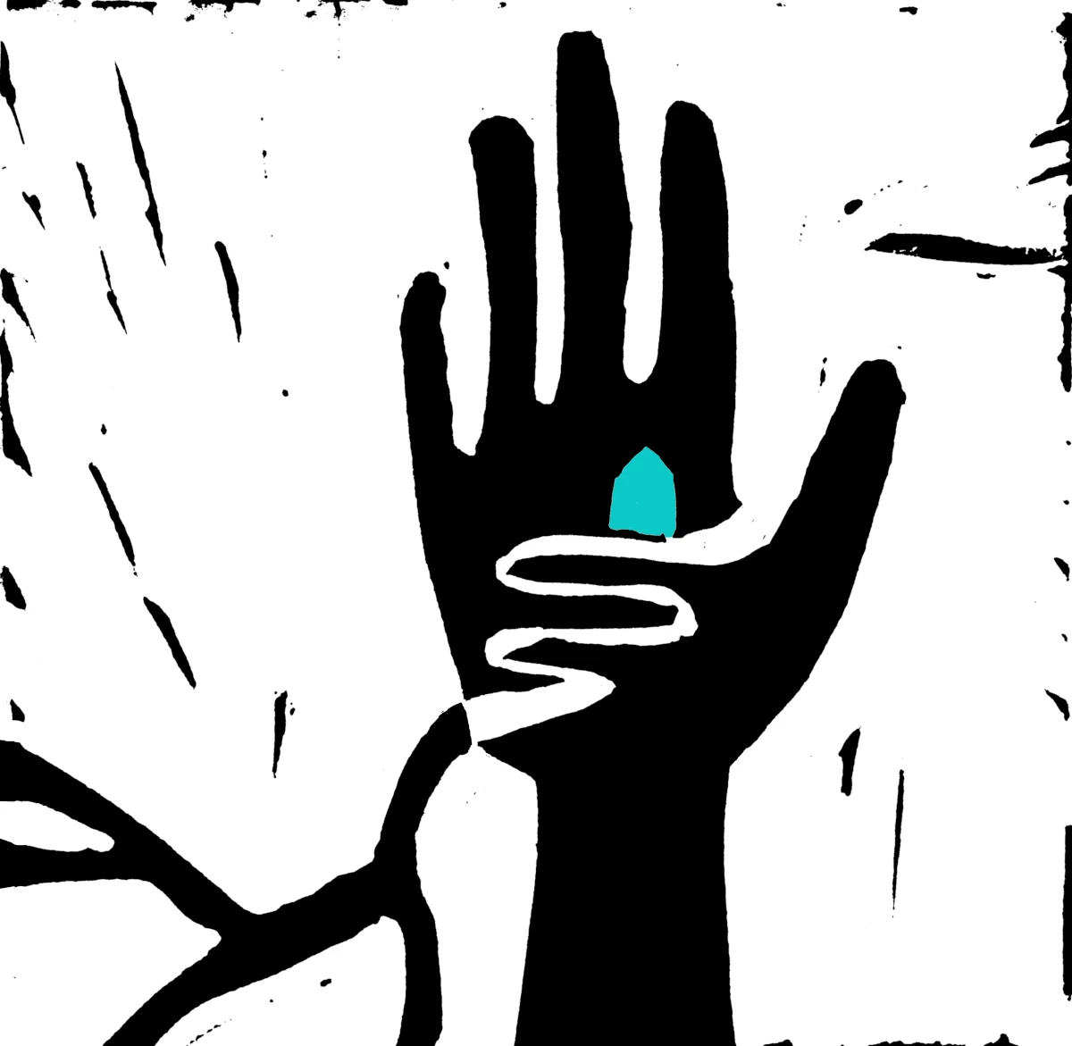 An illustration of a hand with a palm that shows a house and a road leading to it, symbolising belonging, inner home and wisdom.