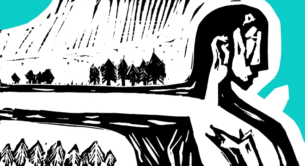 The illustration depicts a human figure with an outstretched arm and a profile face, resembling a landscape that includes trees, paths, houses, and animals. This imagery symbolizes the connection to the inner self, nature, and community.