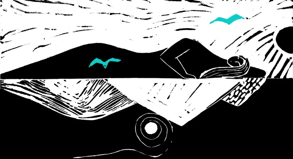 An illustration features a woman lying sideways on the ground, with the sun and birds soaring above her. Under her body, a mirrored image transforms her form into mountains, emphasizing the profound connection between her figure and the natural landscape, human and nature.