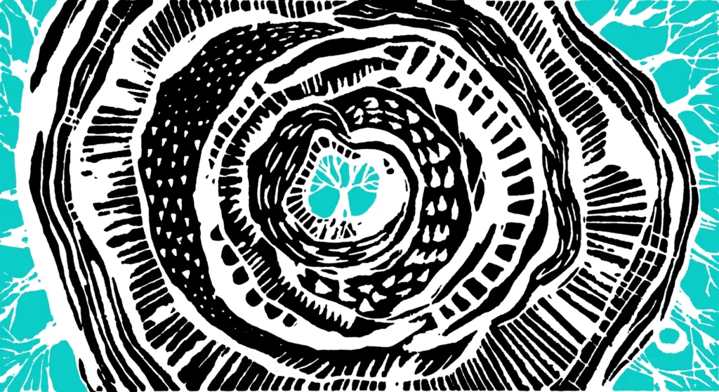The illustration features a labyrinth-like pattern resembling tree rings, with a blue-green tree at its center. This design symbolizes the pathways, journeys, and passages that creative therapies and coaching facilitate, enabling exploration of new worlds and dimensions.