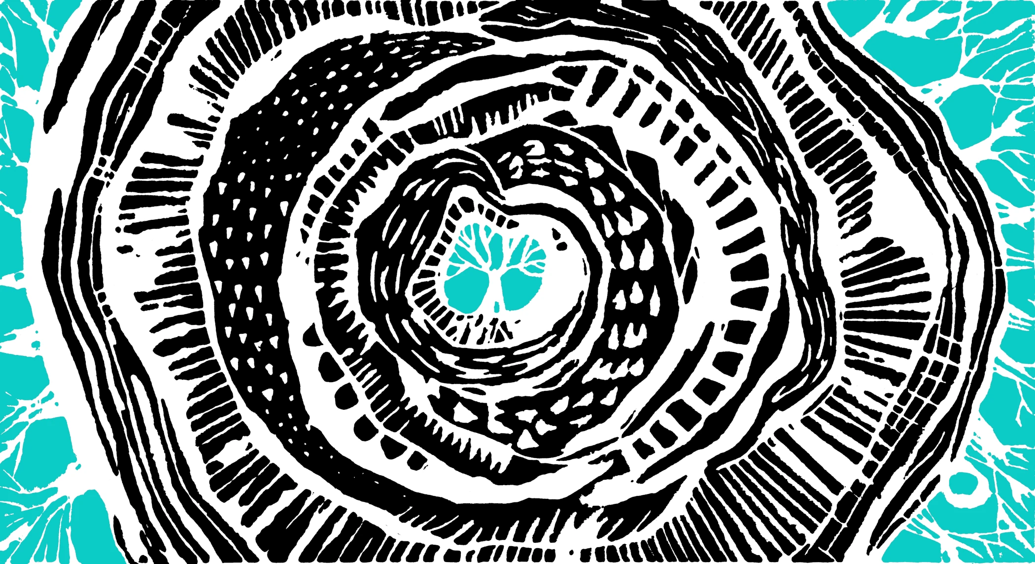 The illustration features a labyrinth-like pattern resembling tree rings, with a blue-green tree at its center. This design symbolizes the pathways, journeys, and passages that creative therapies and coaching facilitate, enabling exploration of new worlds and dimensions.