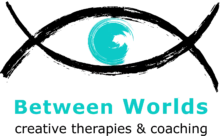 Illustration resembles an eye depicting two overlapping circles, with another green-blue circle in motion at the centre, symbolising the space between worlds.