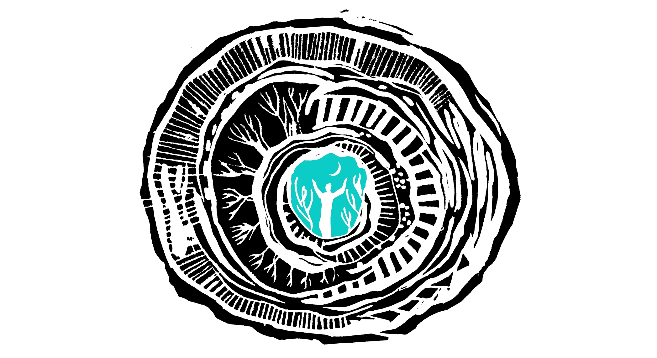 A labyrinth-like illustration resembling tree rings, with a human figure under a crescent moon surrounded by trees at its centre. It symbolises the connection between humans and nature.