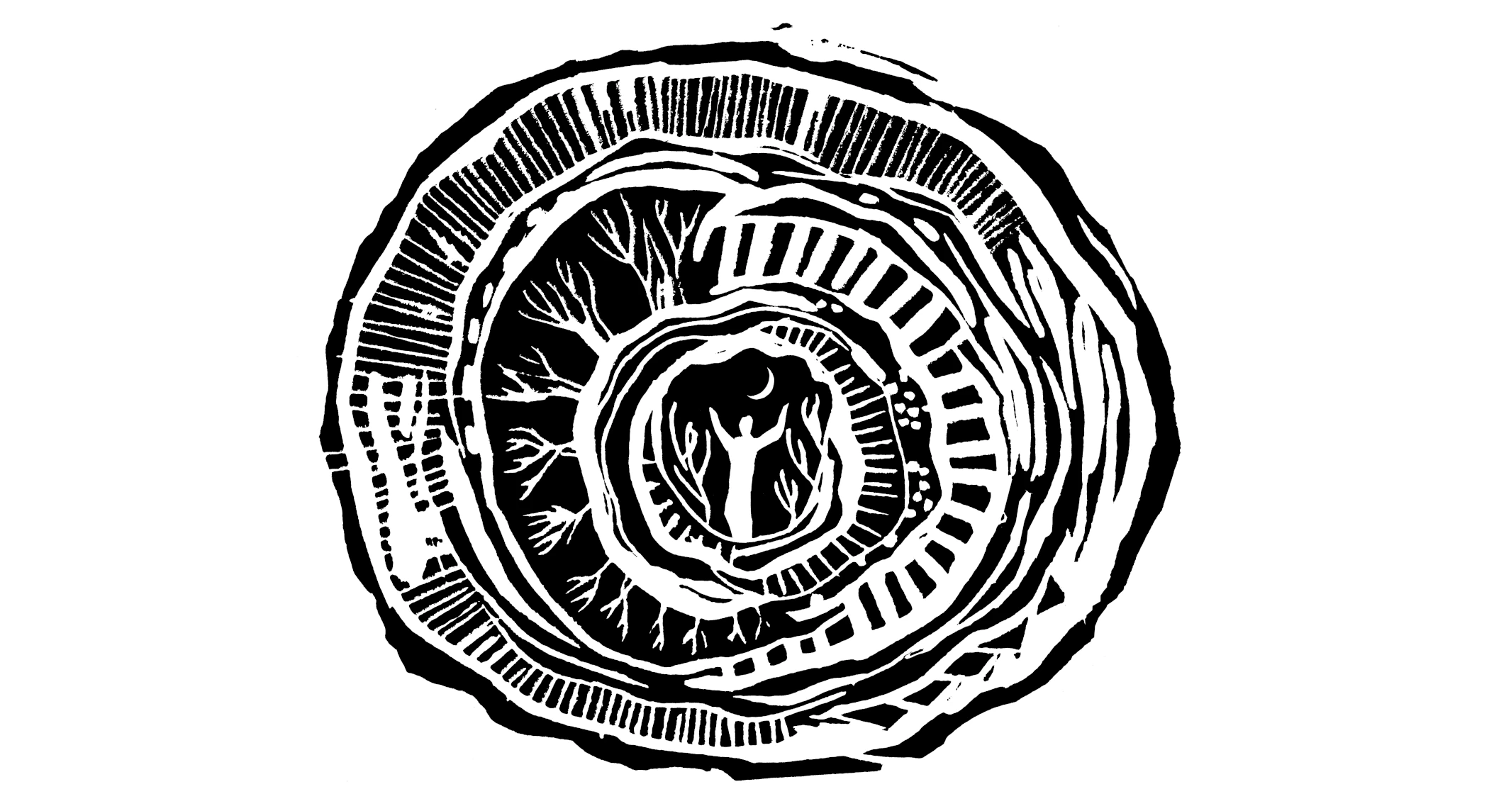 A labyrinth-like illustration resembling tree rings, with a human figure under a crescent moon surrounded by trees at its centre. It symbolises the connection between humans and nature.