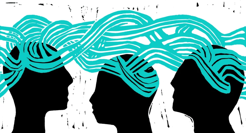 The illustration depicts the heads of three humans facing one another, with playful waves connecting their heads. This imagery symbolizes synchronization through creative engagement and play, highlighting the unity and interaction between individuals.