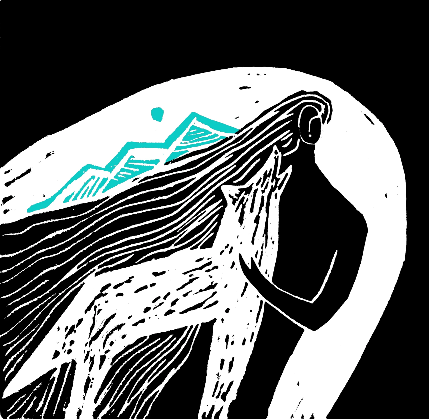 The illustration depicts a woman with flowing hair that resembles water, embracing a wolf. Behind her, a mountain range stretches out alongside the moon. This imagery symbolizes the connection between humanity and nature, highlighting themes of creative expression and the inner wilderness.