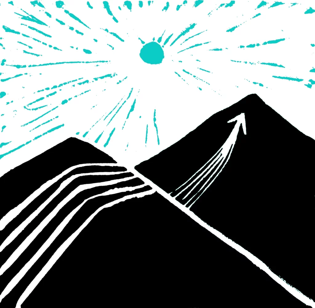 A road shaped like an arrow stretches between two mountains, leading to the summit of the higher one, symbolising focused determination in achieving goals. Above, a sun oversees the landscape, symbolising the supervision view.