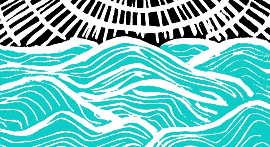 The illustration depicts strong, playful waves under the sun, which spreads its light. It symbolises the journey, power of nature and its healing properties.